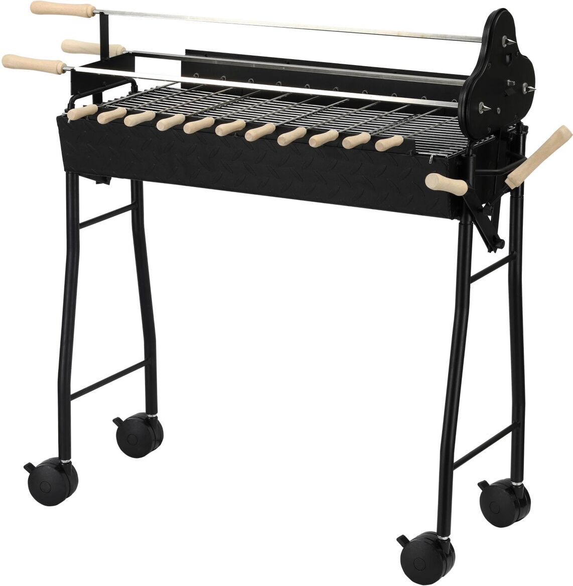 Outsunny Portable Charcoal Bbq Grills Steel Rotisserie Outdoor Cooking Height Adjustable with 4 Wheels Large / Small Skewers Portability for Patio, Ba