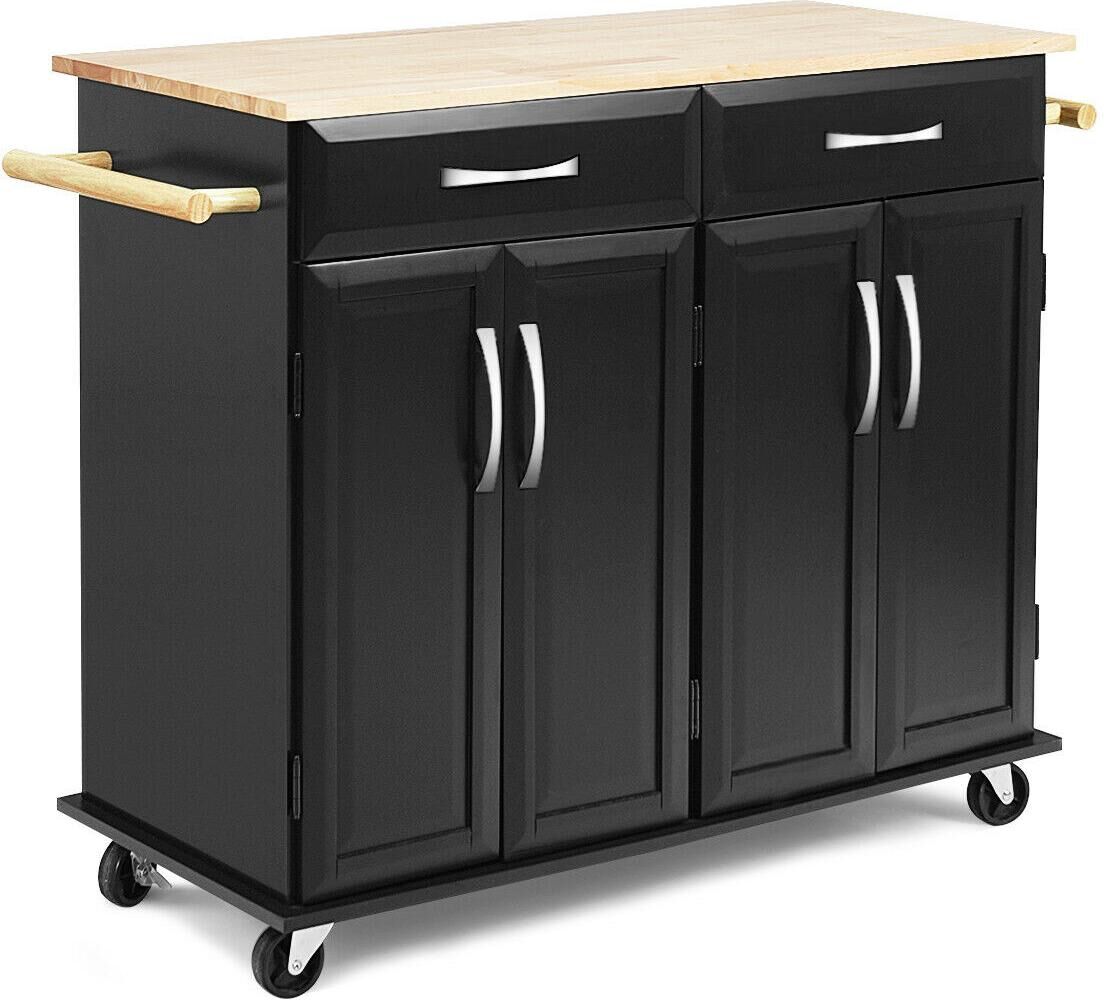 Costway Rolling Kitchen Trolley Island Black Cart Wood Top Storage Cabinet Utility W/ Drawers - Black