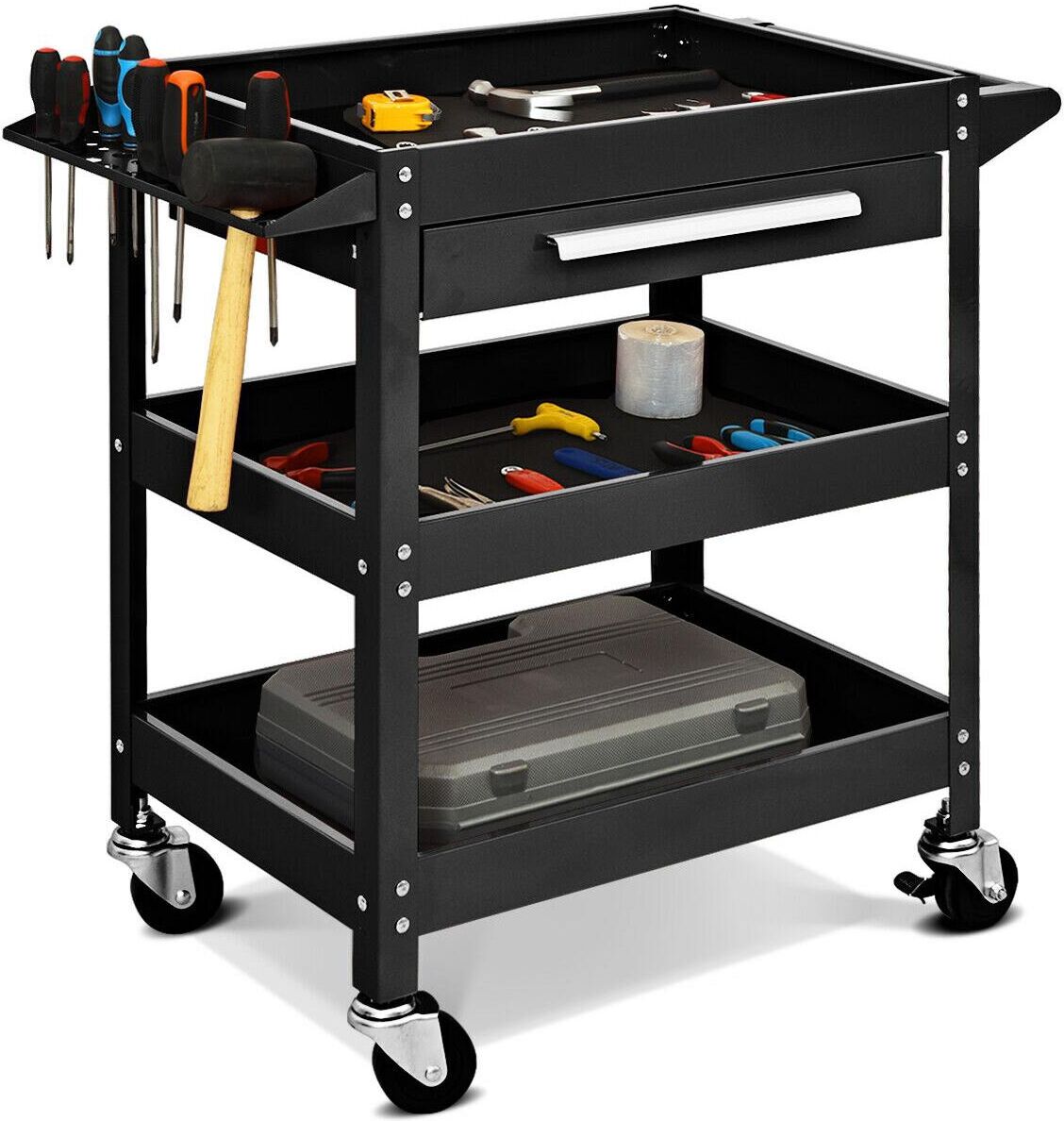 Costway Three Tray Rolling Tool Cart Mechanic Cabinet Storage ToolBox Organizer w/Drawer - Black