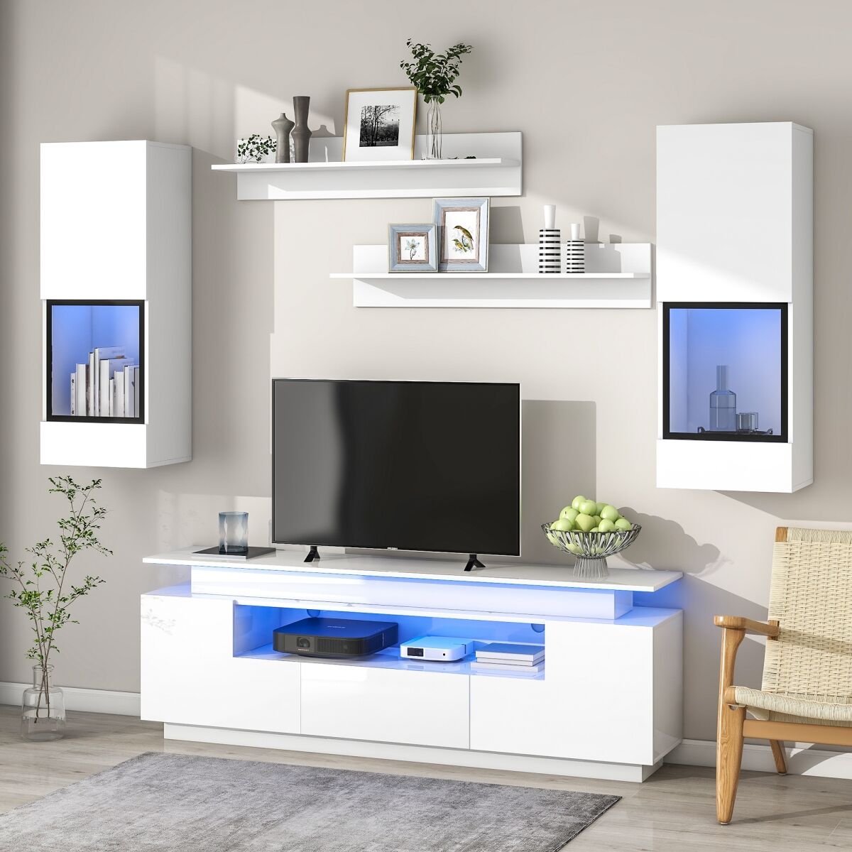 Simplie Fun Stylish Functional Tv stand, 5 Pieces Floating Tv Stand Set, High Gloss Wall Mounted Entertainment Center with 16-color Led Light Strips f