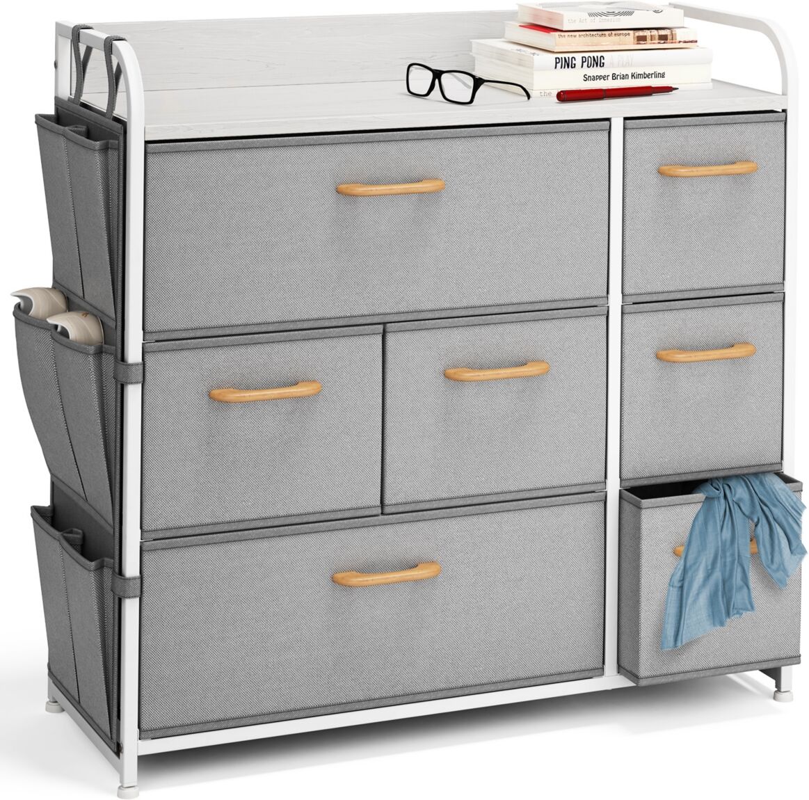 Nestl Heavy Duty Small 4 Drawer Fabric Dresser Organizer for Bedroom, Nursery, & Closet with Shoe Rack, Easy to Pull Wood Handles & Textured Wood Top - Grey