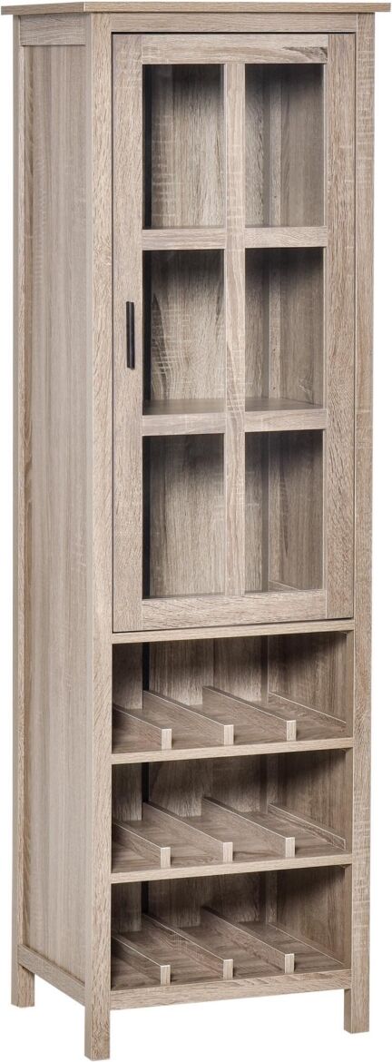 Homcom Wine Cabinet Bar Display Cupboard w/ Glass Door and 3 Cubbies, Grey Oak - Grey