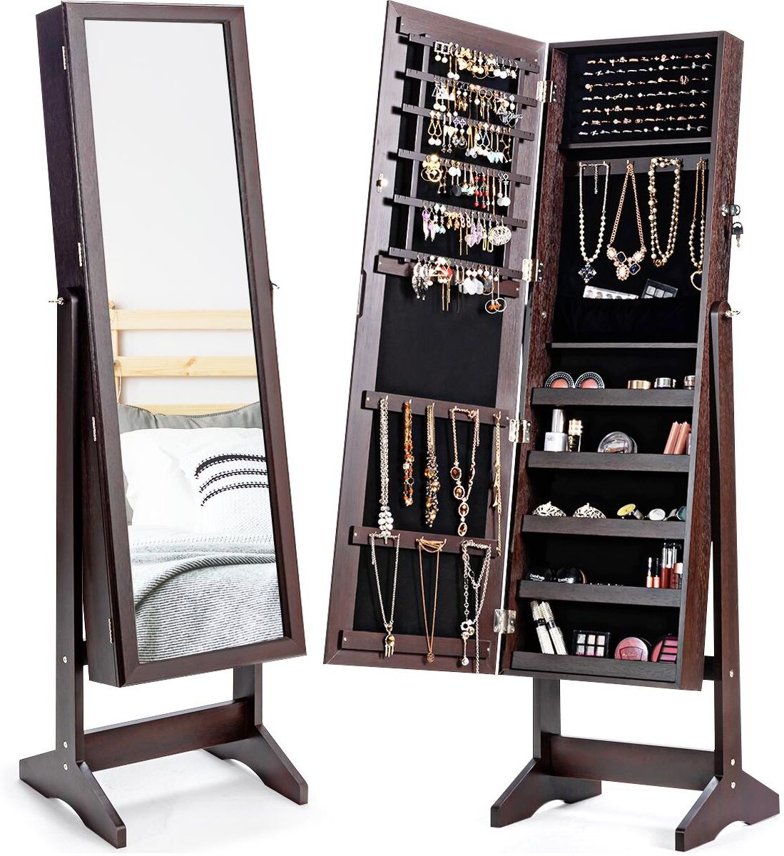 Costway Jewelry Cabinet Stand Mirror Armoire Lockable Organizer Large Storage Box - Brown