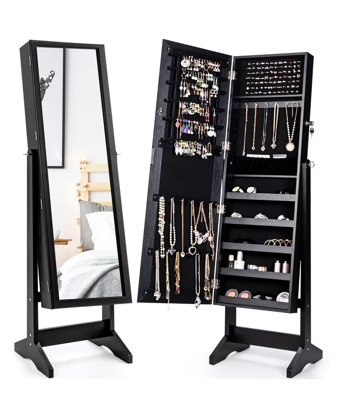 Costway Jewelry Cabinet Stand Mirror Armoire Lockable Organizer Large Storage Box - Black