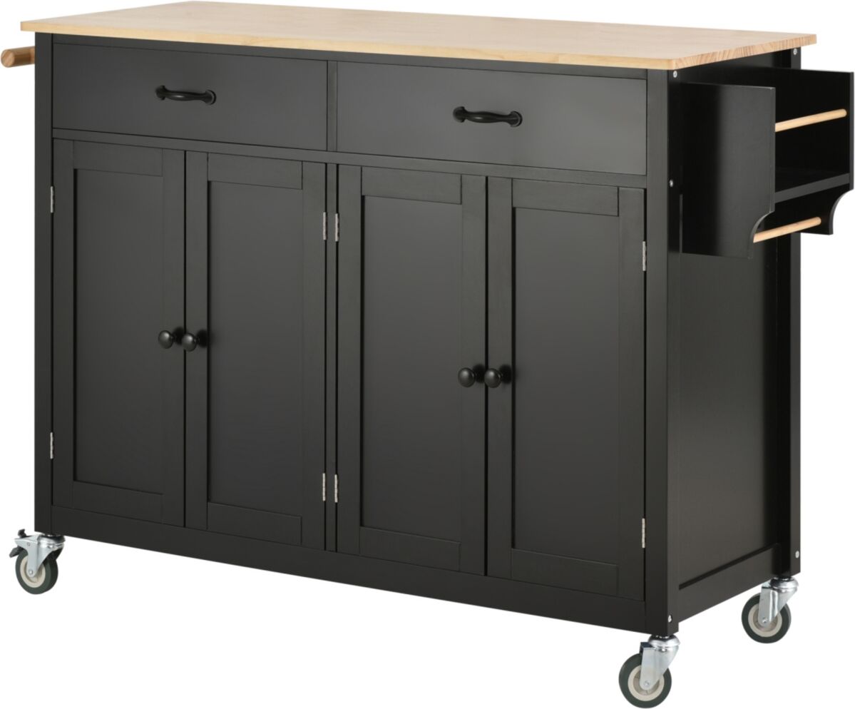 Simplie Fun Kitchen Island Cart with Solid Wood Top and Locking Wheels, 54.3 Inch Width, 4 Door Cabinet and Two Drawers, Spice Rack, Towel Rack (Black) - Black