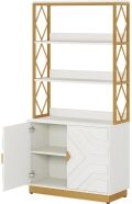 Tribesigns Tribe signs White and Gold Bookshelf with Doors: 70.9 Inches Tall Etagere Bookcase with 3 Shelves 2 Cabinets (White and Gold) - White