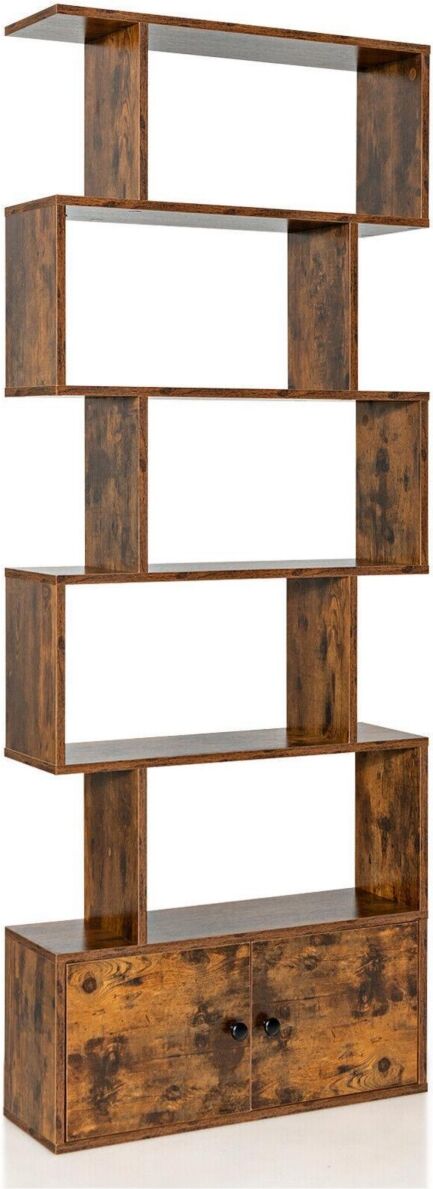 Slickblue 6-Tier S-Shaped Freestanding Bookshelf with Cabinet and Doors - Coffee