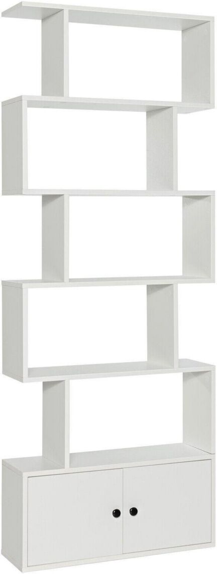 Slickblue 6-Tier S-Shaped Freestanding Bookshelf with Cabinet and Doors - White