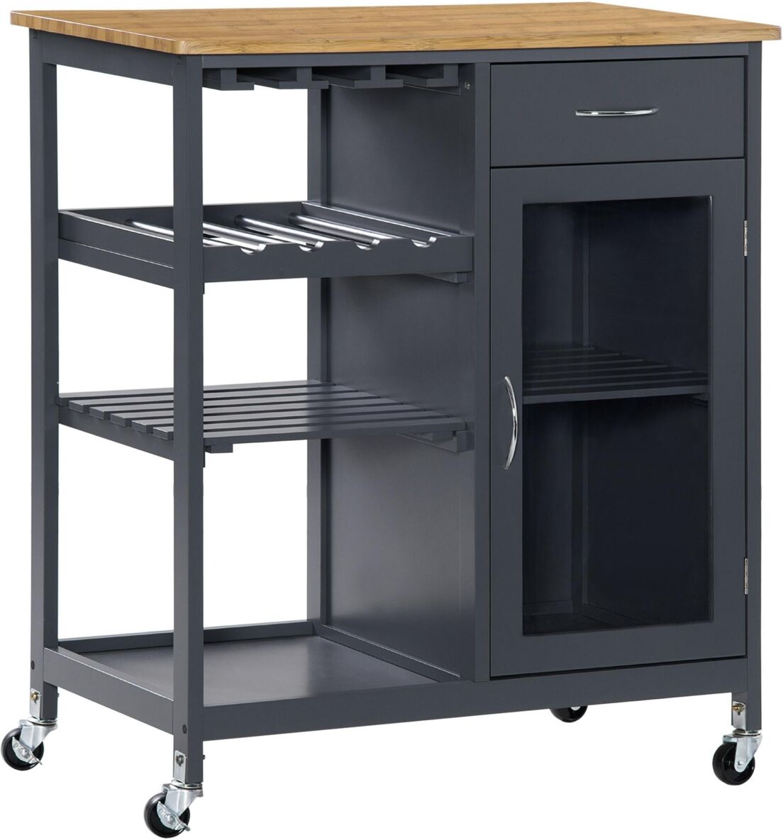 Homcom Utility Kitchen Cart, Rolling Kitchen Island Storage Trolley with Wine Rack, Shelves, Drawer and Cabinet, Grey - Grey