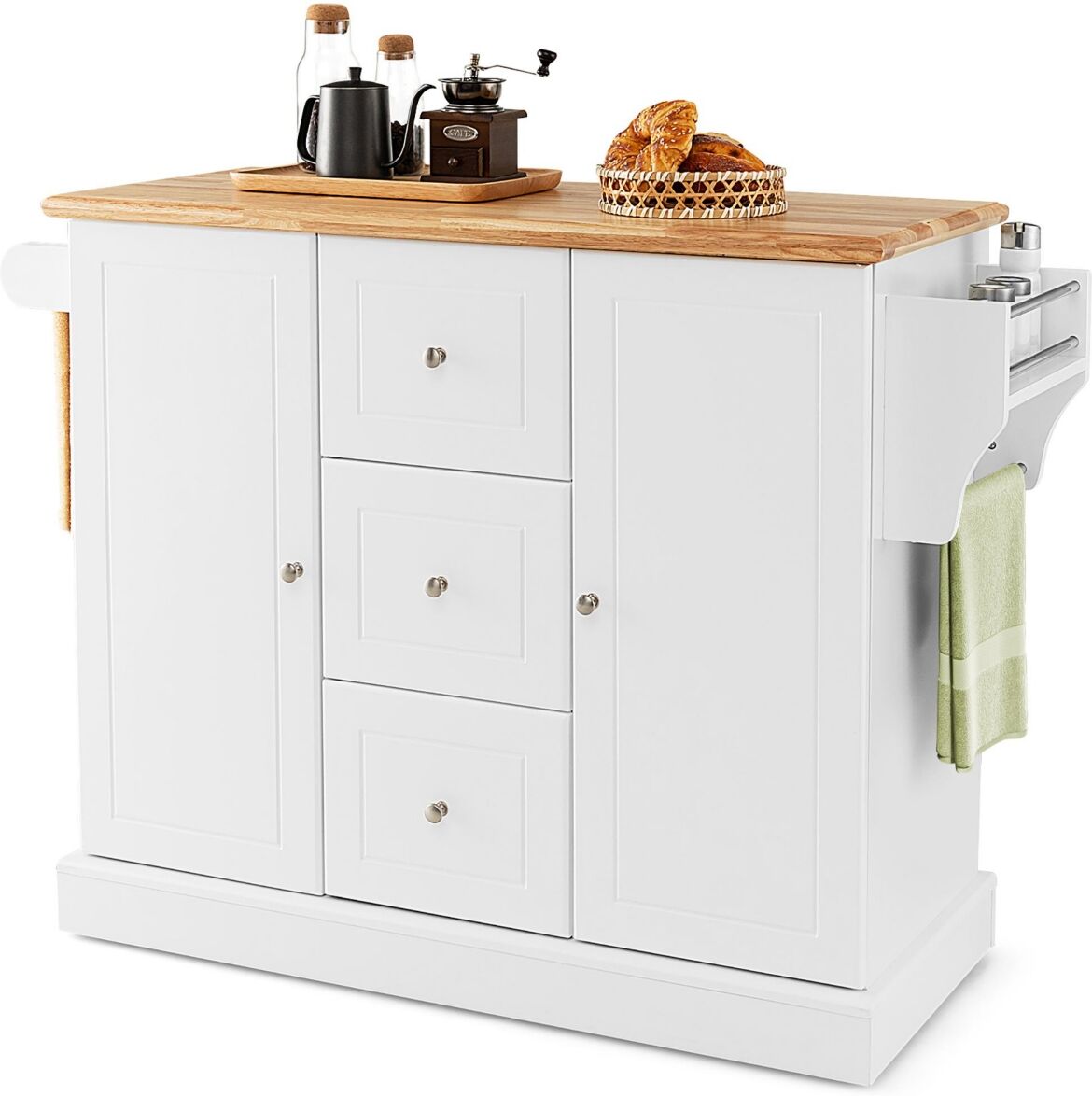 Costway Kitchen Island on Wheels Rolling Utility Cart Drawers Cabinets Spice Rack - White