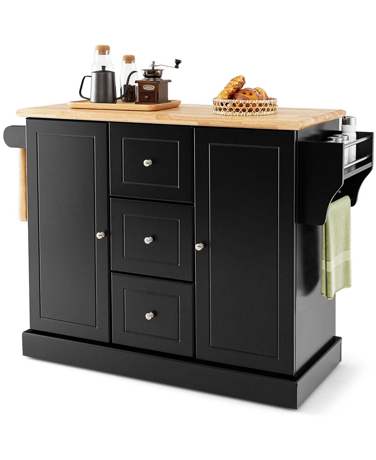 Costway Kitchen Island on Wheels Rolling Utility Cart Drawers Cabinets Spice Rack - Black