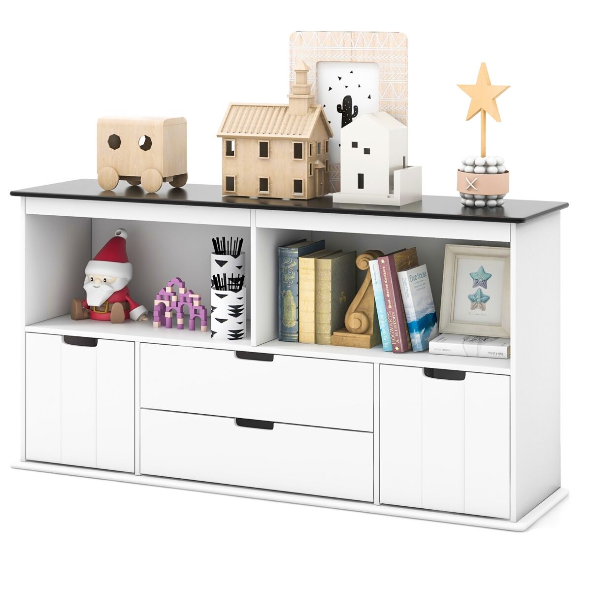 Costway Kids Toy Storage Organizer Wooden Bookshelf Tv Stand with Drawers Blackboard Top - White