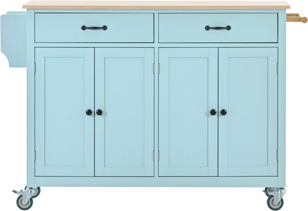 Simplie Fun Kitchen Island Cart with 4 Door Cabinet and Two Drawers and 2 Locking Wheels - Solid Wood Top, Adjustable Shelves, Spice & Towel Rack(Mint Green) - Gr