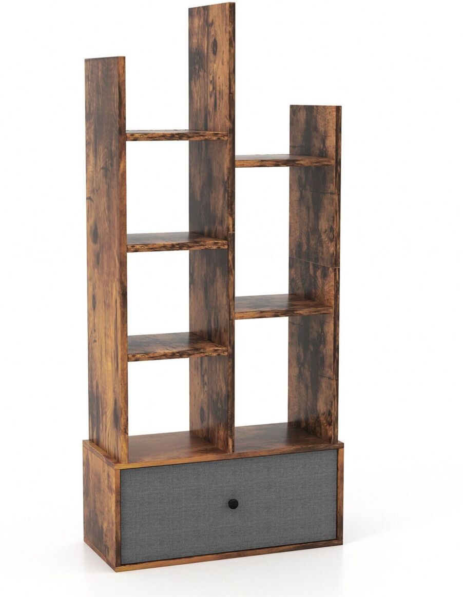 Slickblue 7-Tier Open-Back Bookshelf with Drawer - Rustic brown