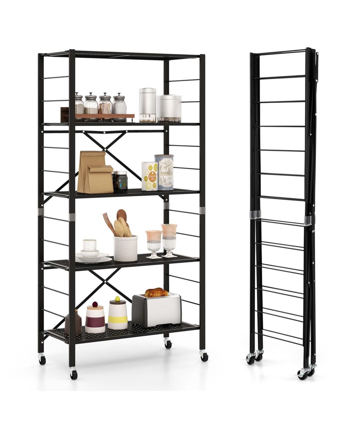 Costway 5-Tier Foldable Storage Shelves Adjustable Collapsible Organizer Rack with Wheels - Black