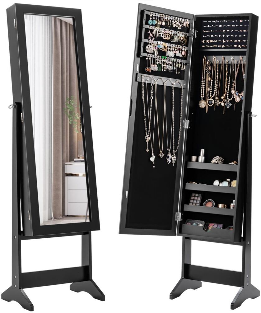 Sugift Mirrored Standing Jewelry Cabinet Storage Box-Black - Black