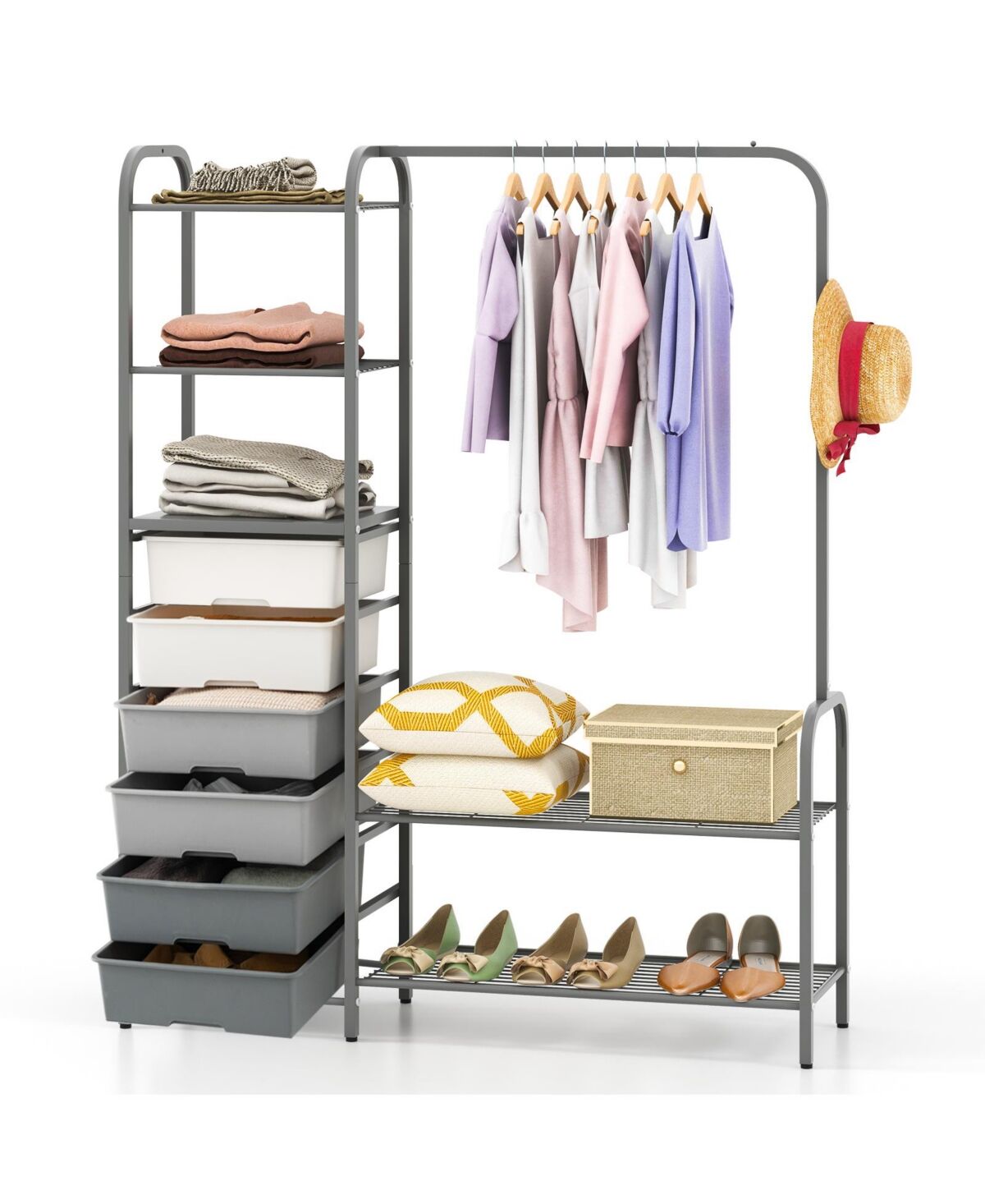 Sugift Free Standing Closet Organizer with Removable Drawers and Shelves-Gray - Grey