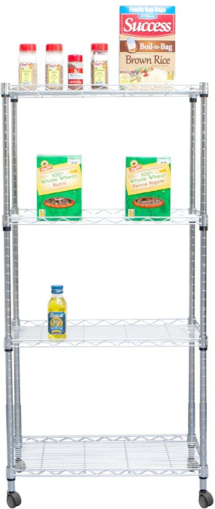 Mind Reader 4 Tier Adjustable Heavy Duty Metal Storage Rack Shelving Unit with Wheels - Silver