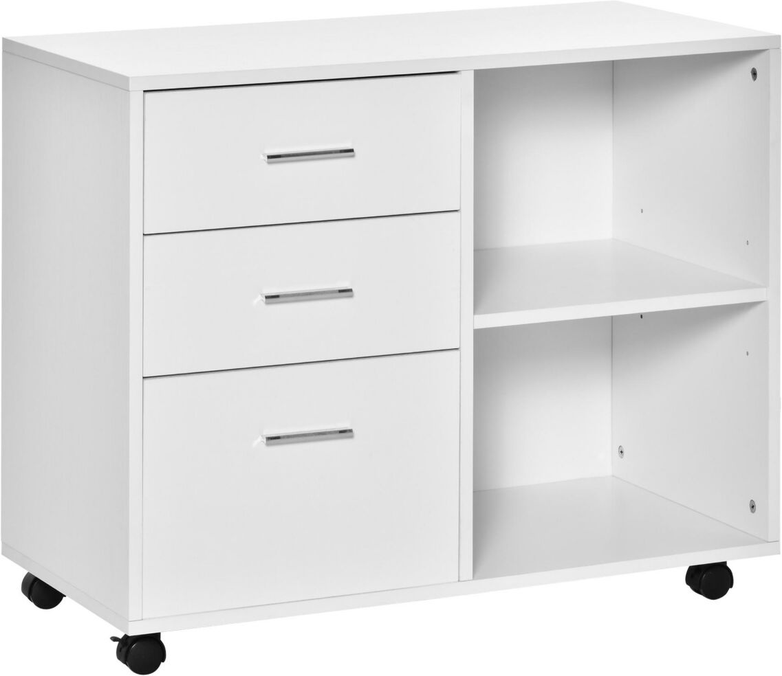 Homcom Wood File Cabinet Side Board 3 Drawer Shelf Caster Wheels, White - White