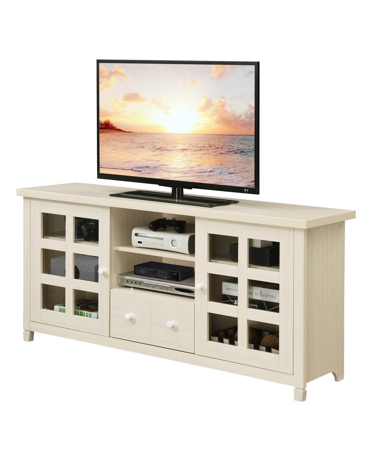 Convenience Concepts 65 in. Newport Park Lane 1 Drawer Tv Stand with Storage Cabinets & Shelves for TVs Up, Ivory - White