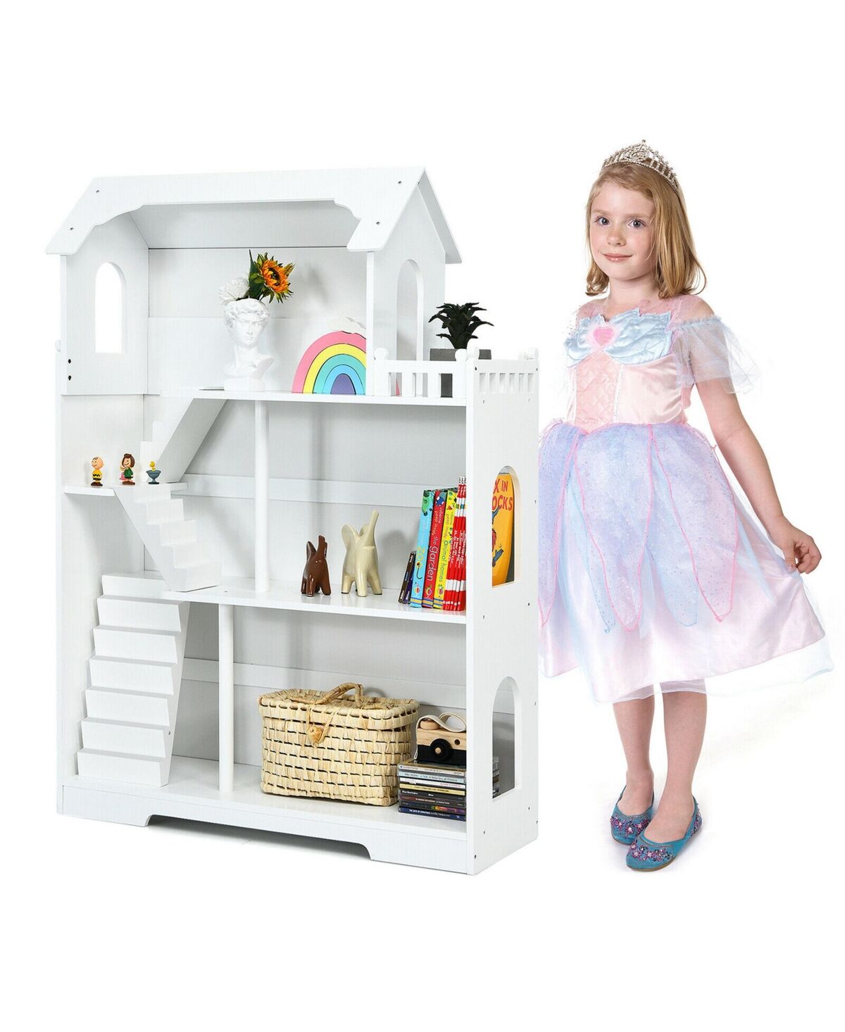 Costway 3-Tier Wooden Dollhouse Bookcase Children's Bookshelf in Kid's Room Gift for 3+ - White