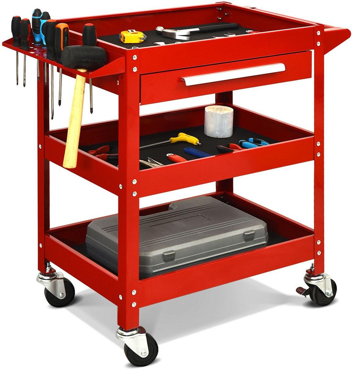 Costway Three Tray Rolling Tool Cart Mechanic Cabinet Storage ToolBox Organizer w/Drawer - Red