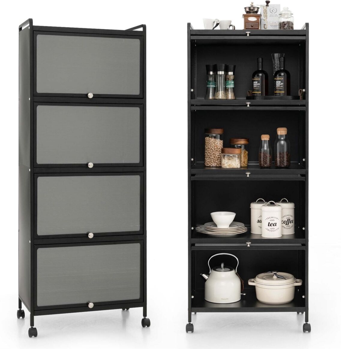 Costway 5-Tier Kitchen Baker's Rack Storage Cabinet Mobile Microwave Stand Flip-up Doors - Black