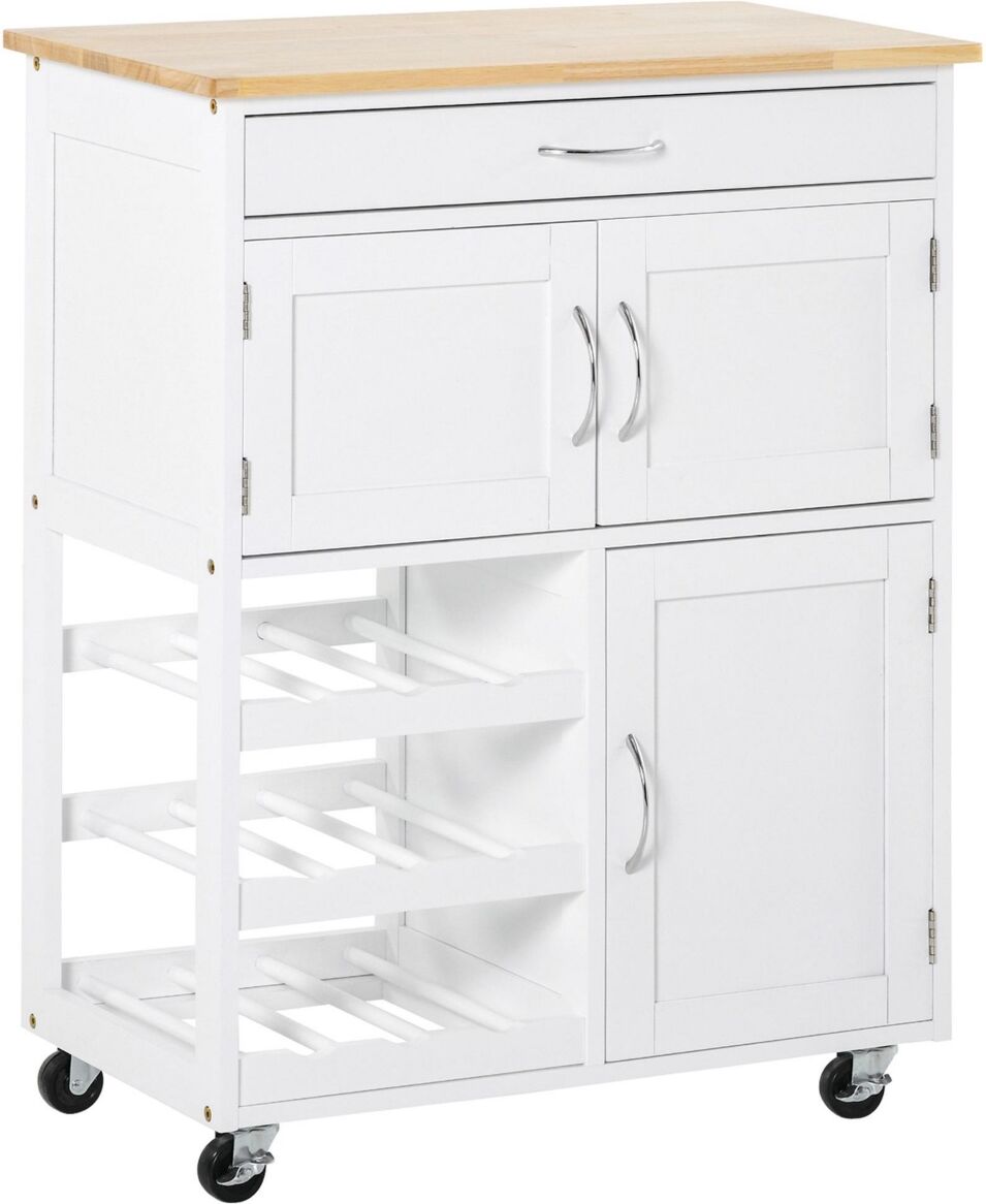 Homcom Kitchen Island on Wheels, Rolling Kitchen Cart with Drawer, 9-bottle Wine Rack, Storage Cabinets, Wooden Countertop, White - White