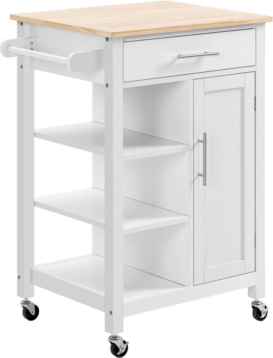 Homcom Compact Kitchen Storage Cabinet Utility Cart on Wheels with Open Shelf and Storage Drawer for Dining Room, Kitchen, White - White