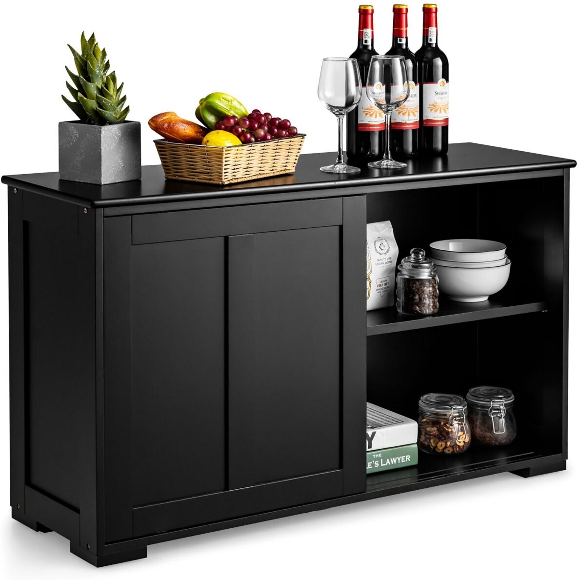 Costway Kitchen Storage Cabinet Sideboard Buffet Cupboard Wood Sliding Door Pantry Black - Black