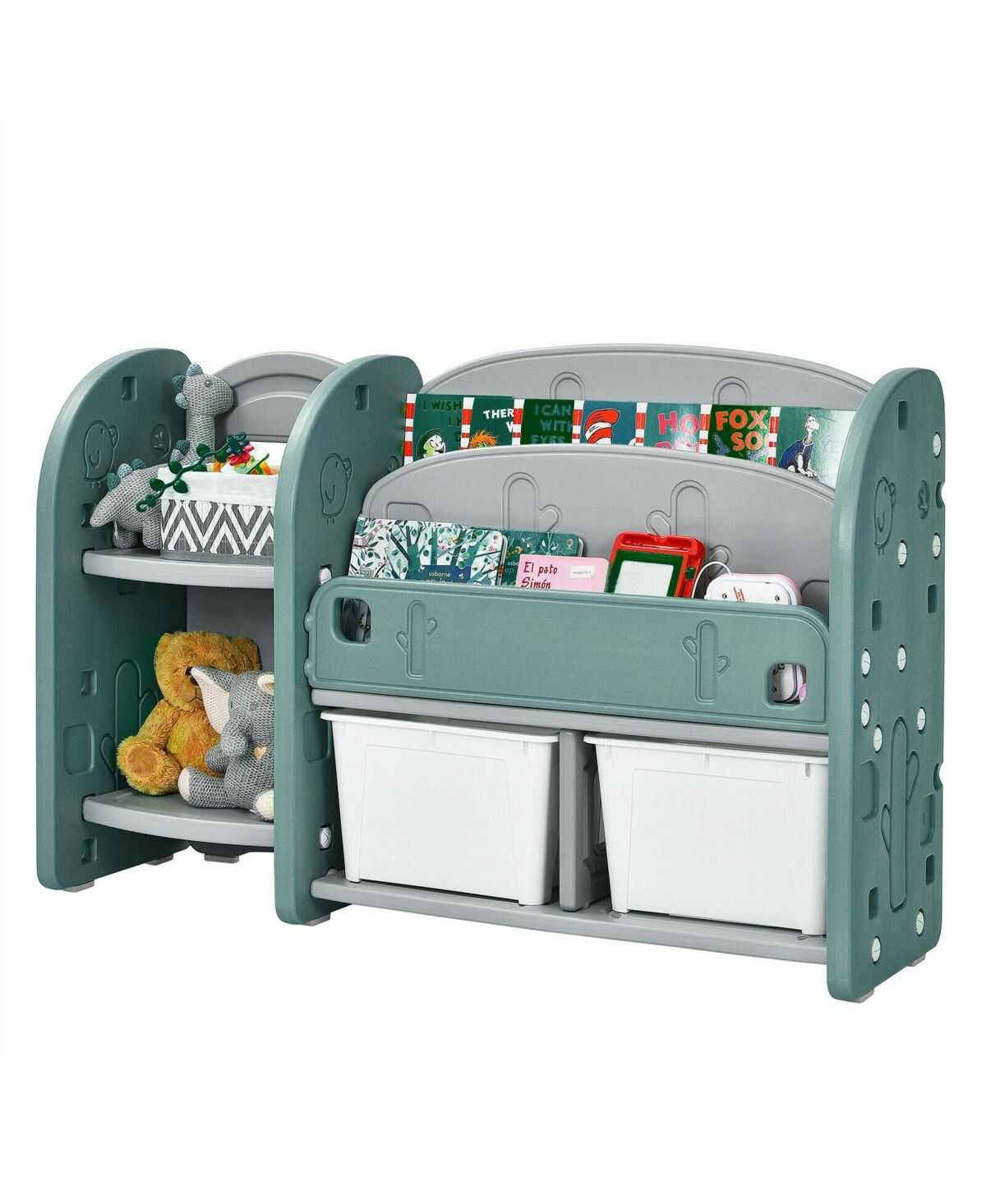 Costway Kids Toy Storage Organizer w/ 2-Tier Bookshelf & Plastic Bins - Green