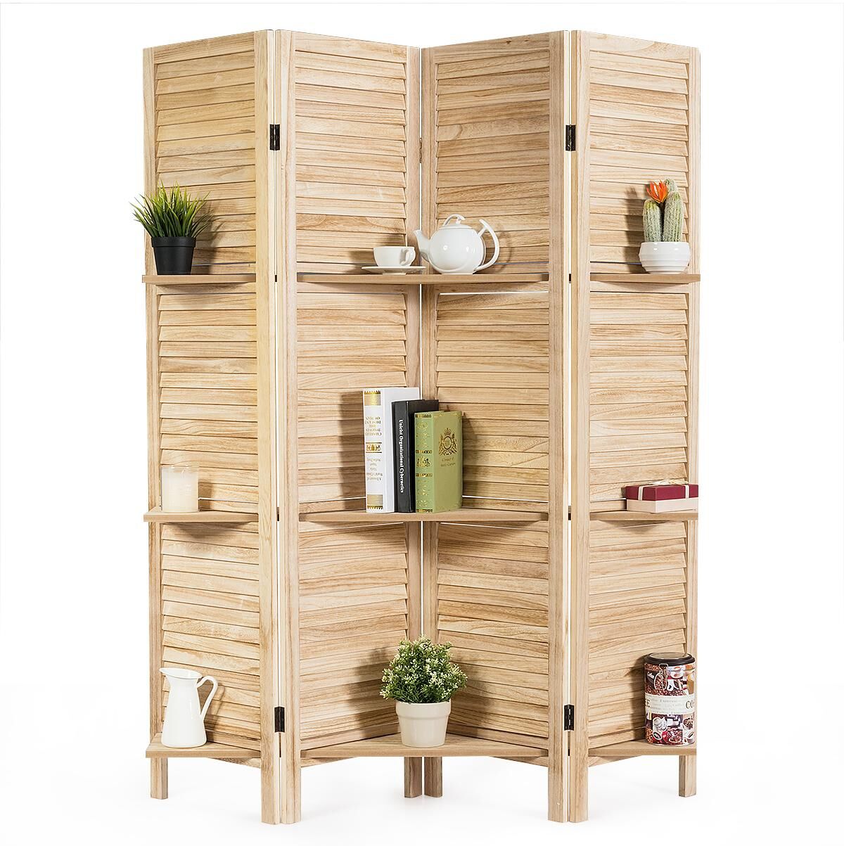 Costway 4 Panel Folding Room Divider Screen W/3 Display Shelves 5.6 Ft Tall - Natural