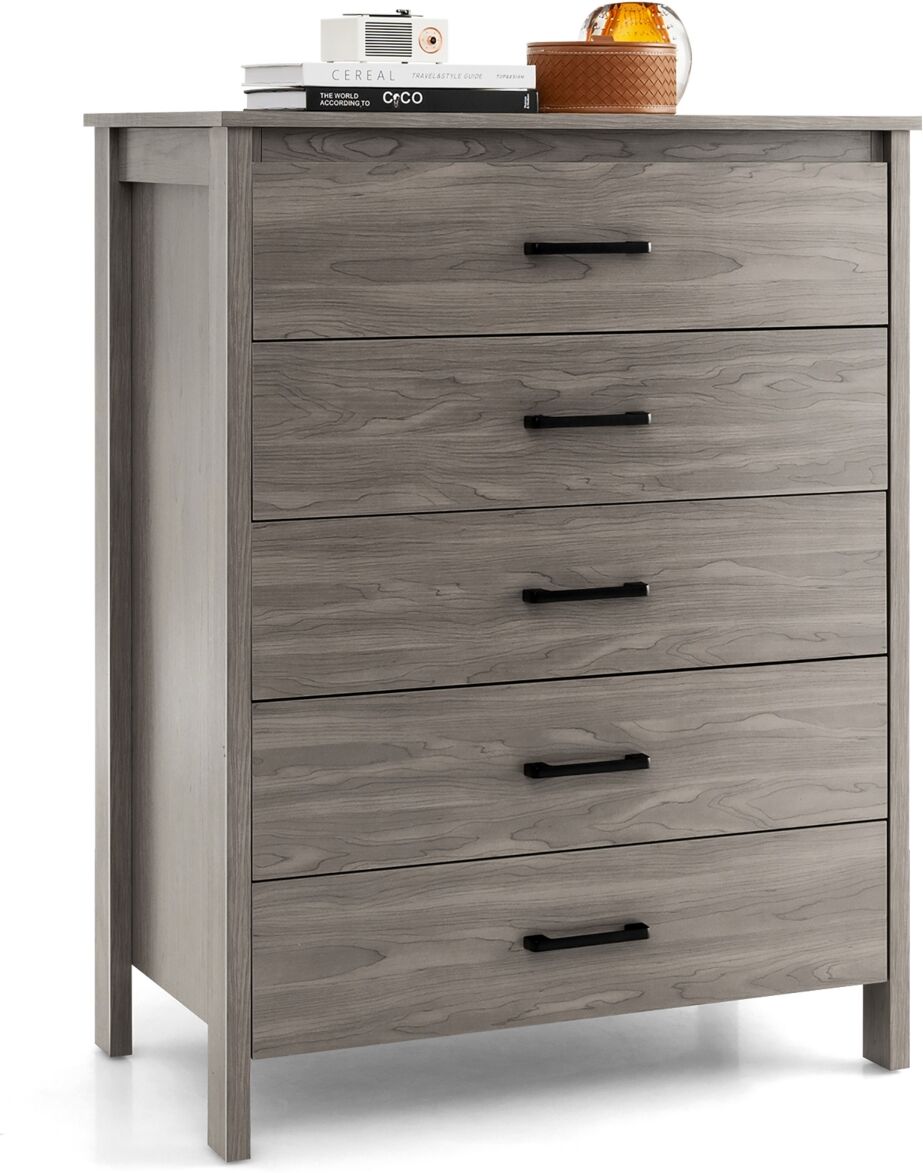 Costway Modern 5 Drawer Chest Storage Dresser Cabinet with Metal Handles - Grey