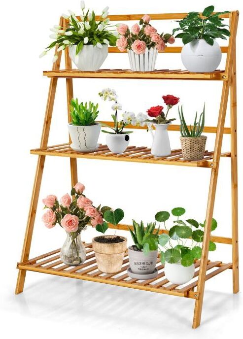 Slickblue 3-Tier Bamboo Foldable Plant Stand with Display Shelf Rack - Natural