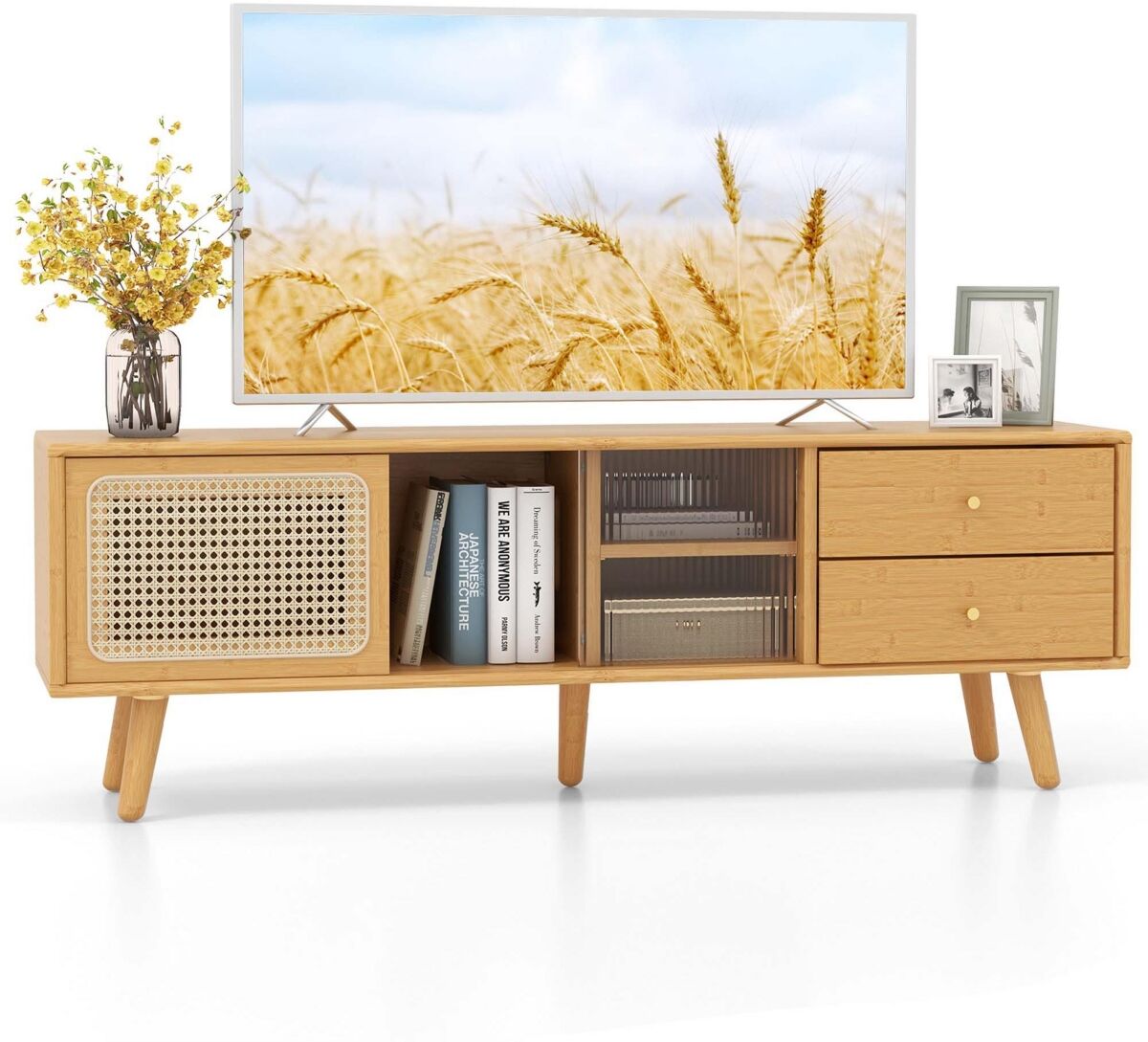 Costway Bamboo Tv Stand Console Table with Pe Rattan Door & 2 Drawers for Tv up to 65'' - Natural