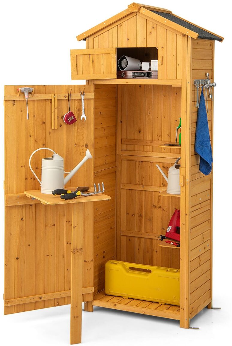 Costway Garden Storage Shed Outdoor Lockable Storage Cabinet Tool Organizer with Shelves - Natural