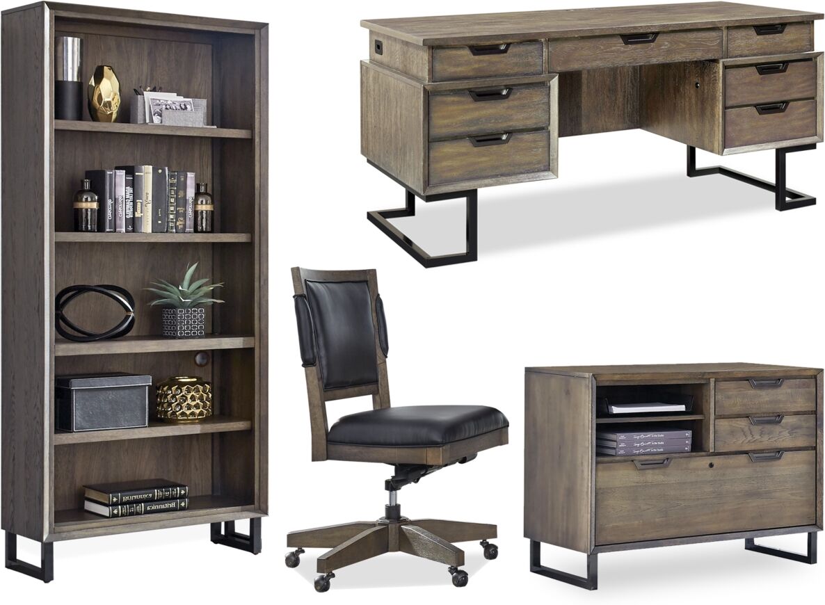 Furniture Gidian Home Office 4- Pc. Set (Executive Desk, Office Chair, File, Open Bookcase) - Fossil