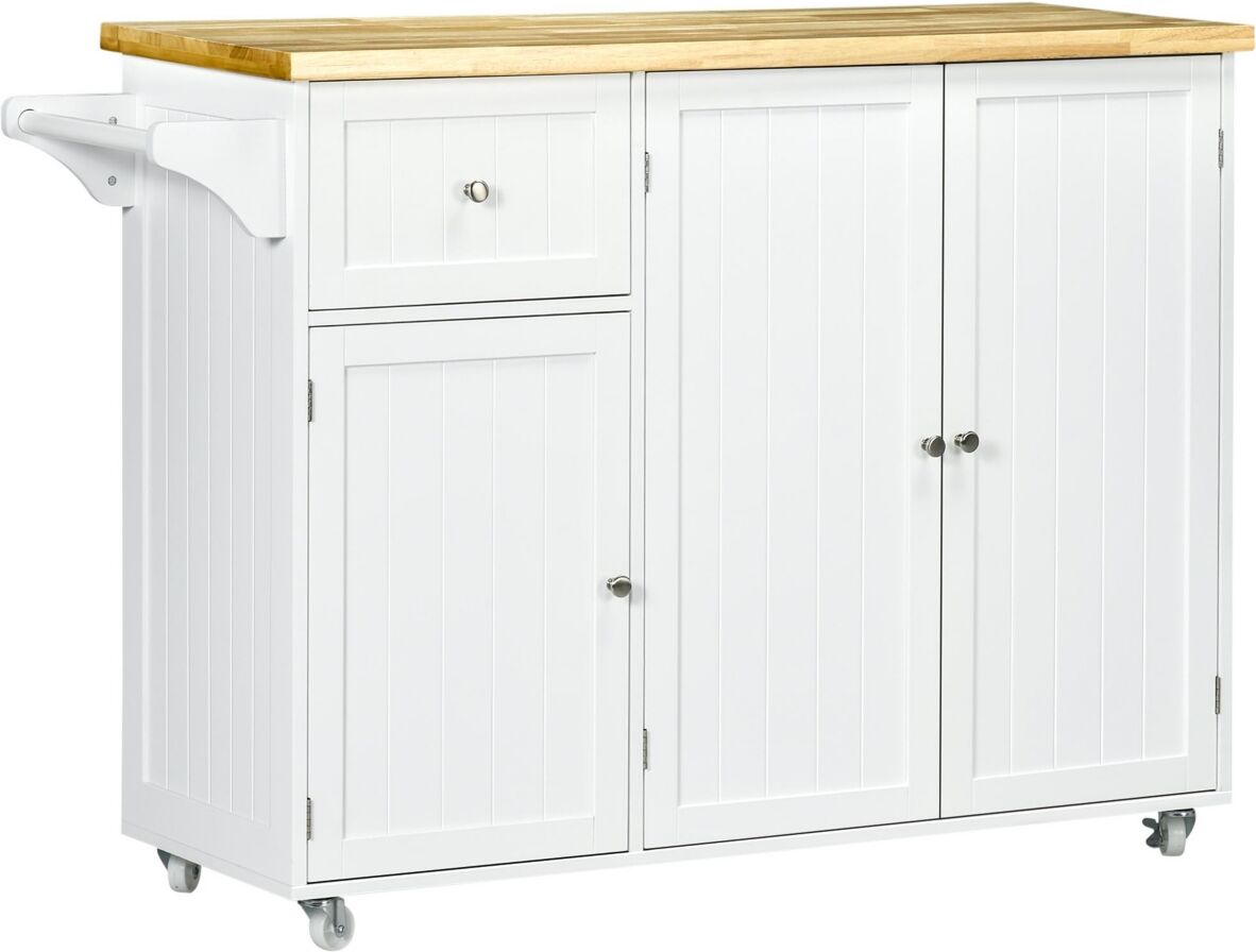 Homcom Rolling Kitchen Island on Wheels, Utility Serving Cart with Rubber Wood Top, Towel Rack, Storage Cabinets and Drawer, White - White