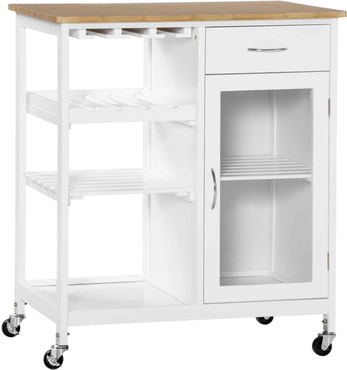 Homcom Utility Kitchen Cart, Rolling Kitchen Island Storage Trolley with Wine Rack, Shelves, Drawer and Cabinet, White - White