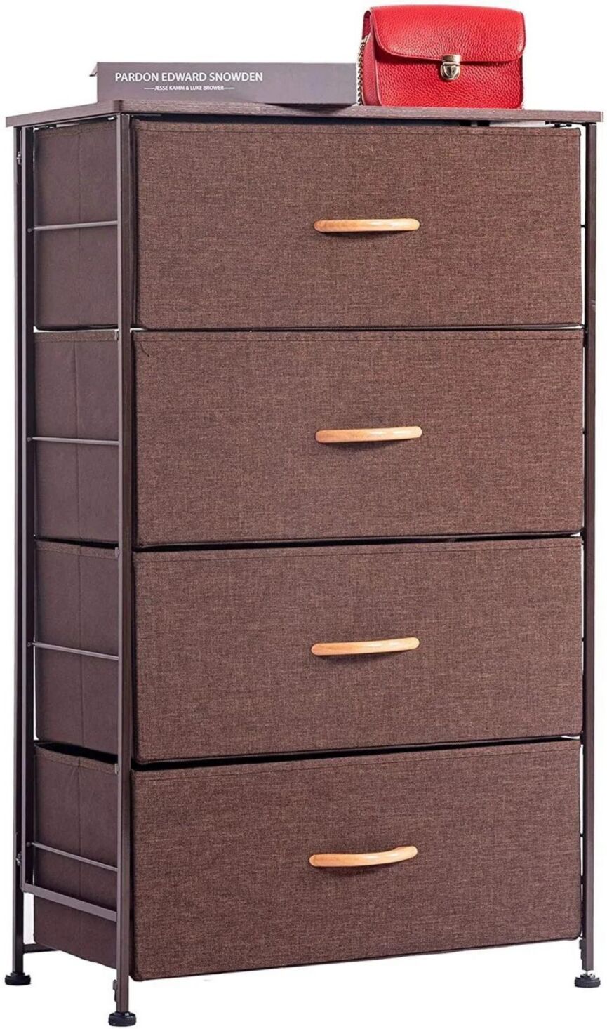 Simplie Fun Fabric 4 Drawers Storage Organizer Unit Easy Assembly, Vertical Dresser Storage Tower for Closet, Bedroom, Entryway - Brown