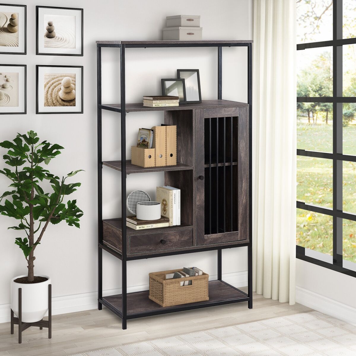 Simplie Fun Home Office Bookcase and Bookshelf 5 Tier Display Shelf with Doors and Drawers, Freestanding Multi-functional Decorative Storage Shelving,