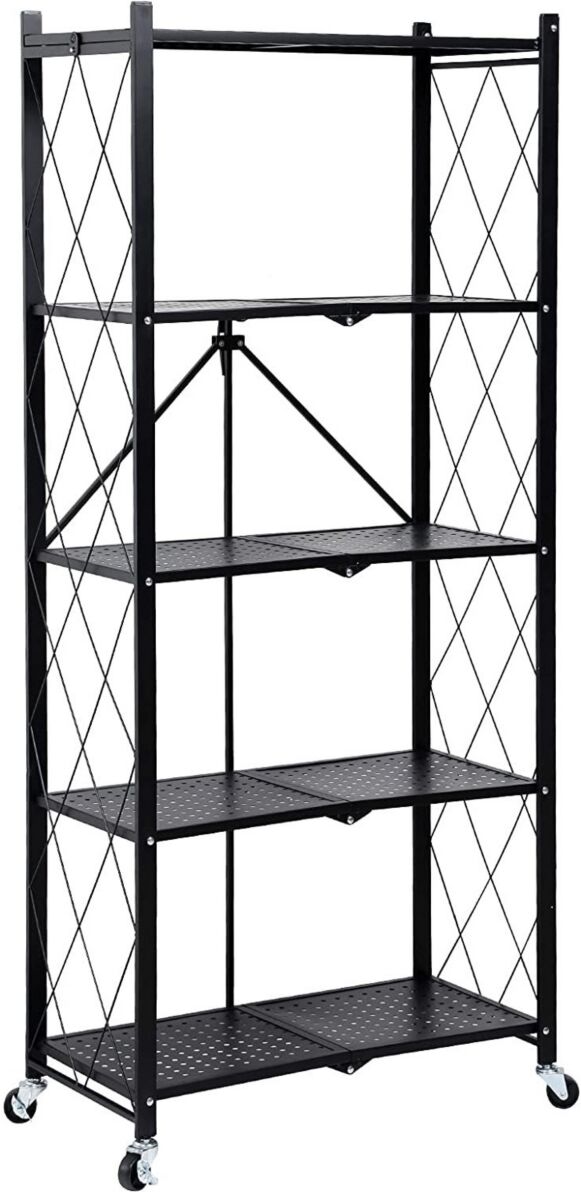 Simplie Fun 5-Tier Heavy Duty Foldable Metal Rack Storage Shelving Unit with Wheels Moving Easily Organizer Shelves Great for Garage Kitchen Holds up