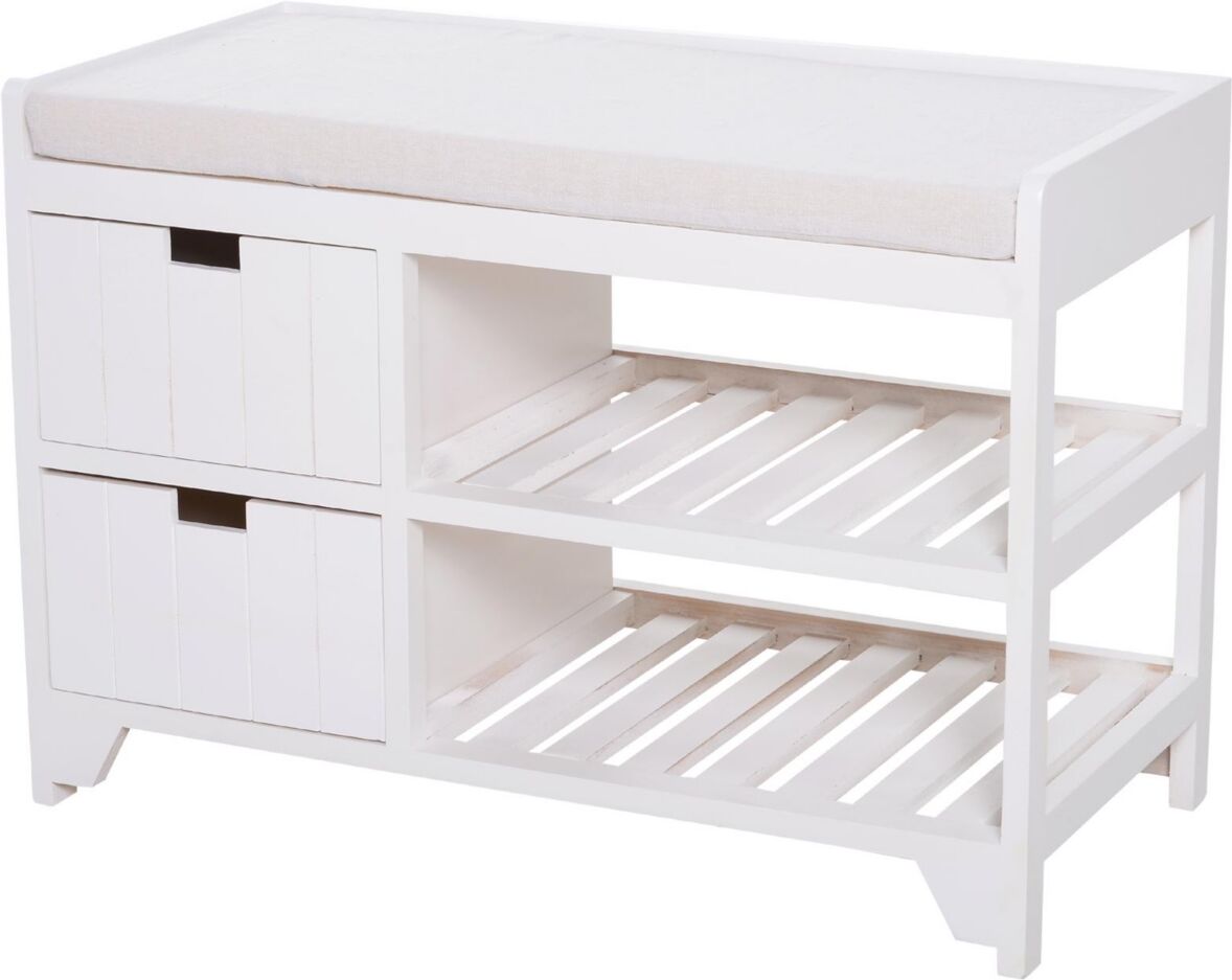 Homcom Shoe Cabinet, Wooden Storage Bench with Cushion, Entryway Rack with Drawers, Open Shelves, Country White - White