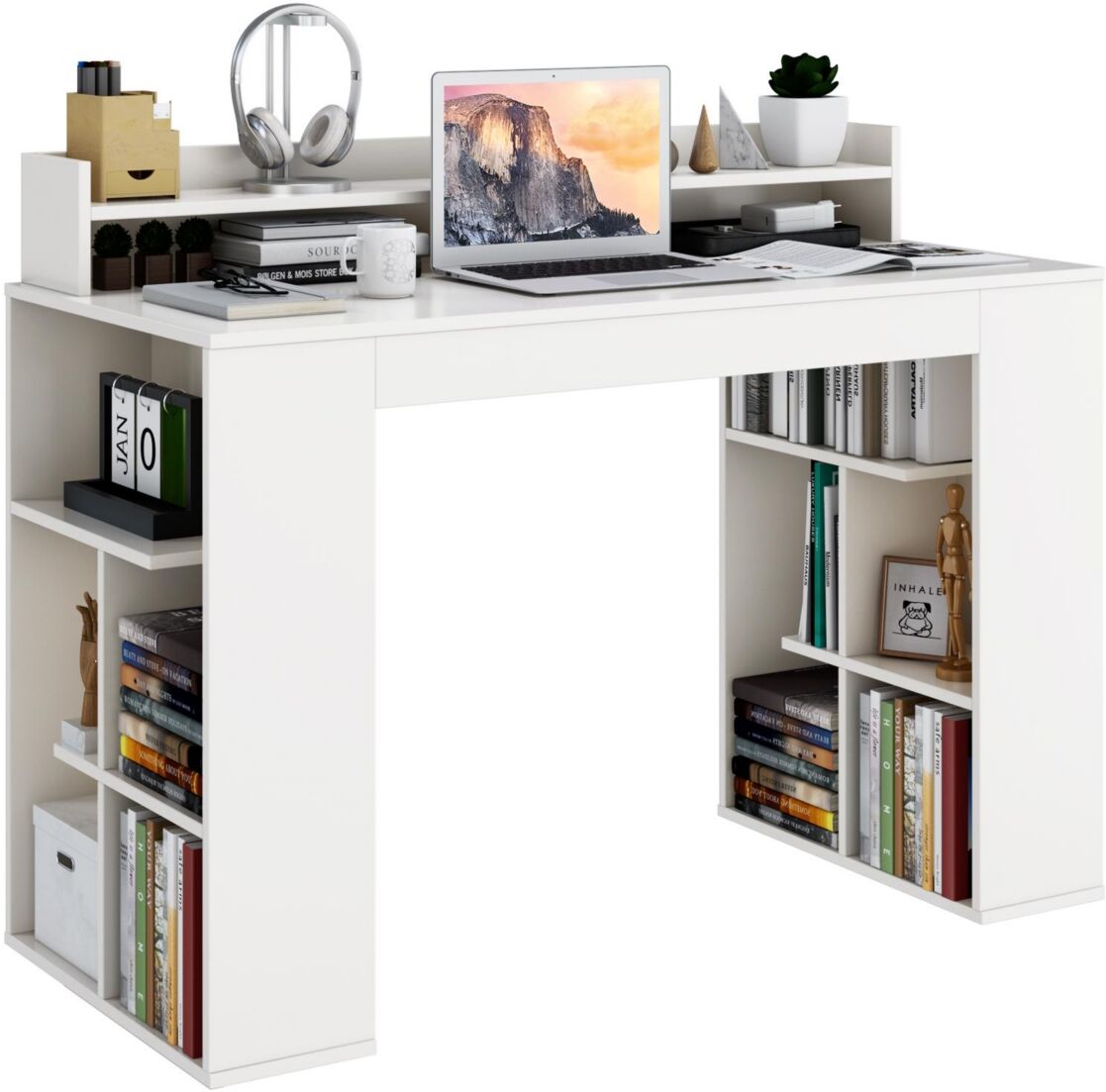 Slickblue Office Computer Desk with Dual 3 Tier Bookshelf and Monitor Shelf-White - Multi