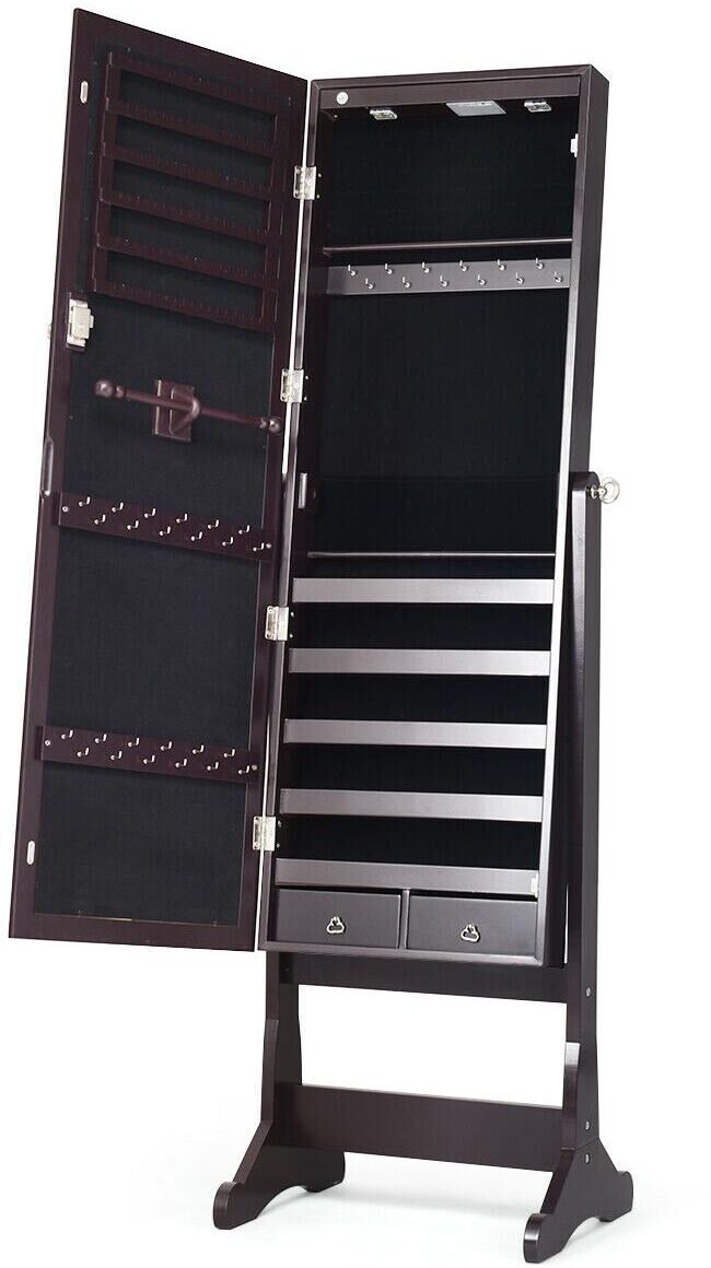 Costway Mirrored Jewelry Cabinet Organizer Storage Stand w/Led Lights - Brown