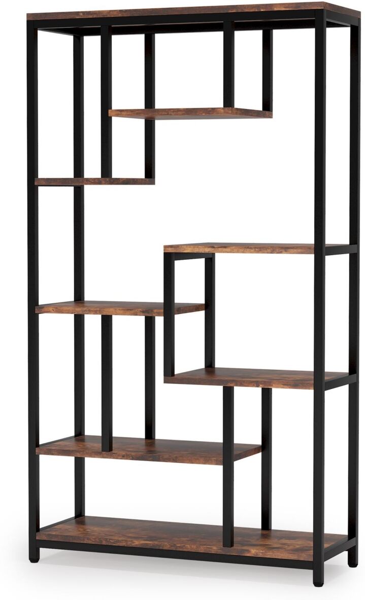 Tribesigns Tribe signs 8-Shelves Staggered Bookshelf, Industrial 70.8-inch Tall Bookshelf Bookcase for Home Office, Rustic Brown - Brown