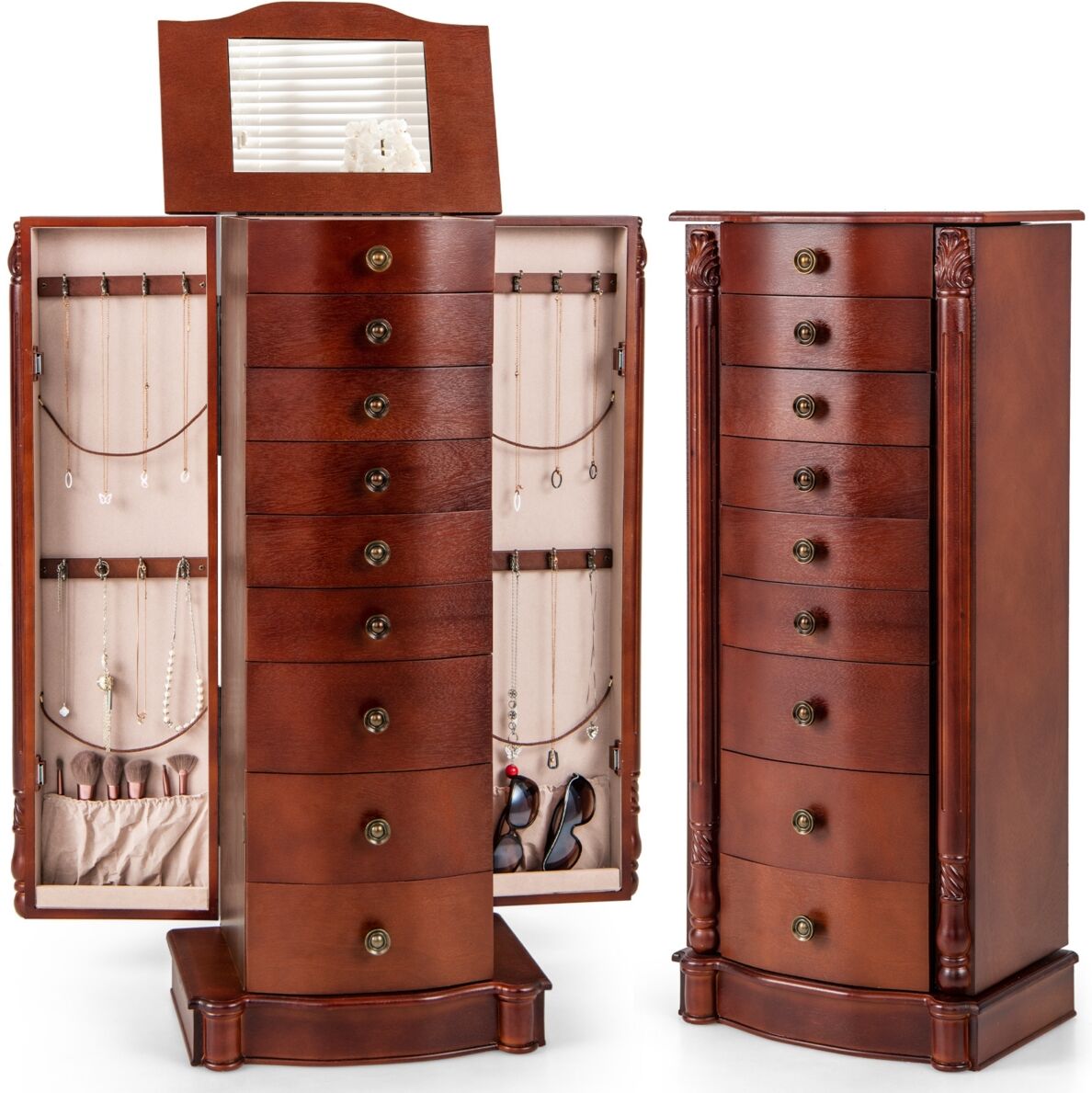 Costway Wood Jewelry Cabinet Storage Chest Stand Organizer - Brown