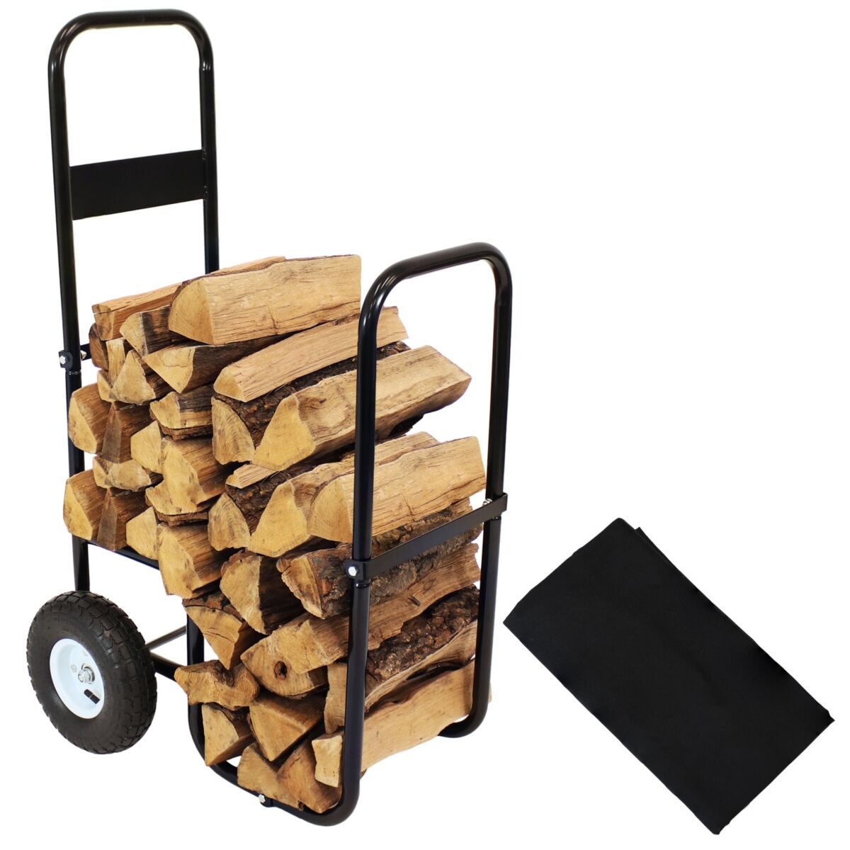 Sunnydaze Decor Steel Log Cart Carrier and Storage Rack with Wheels and Cover - Black