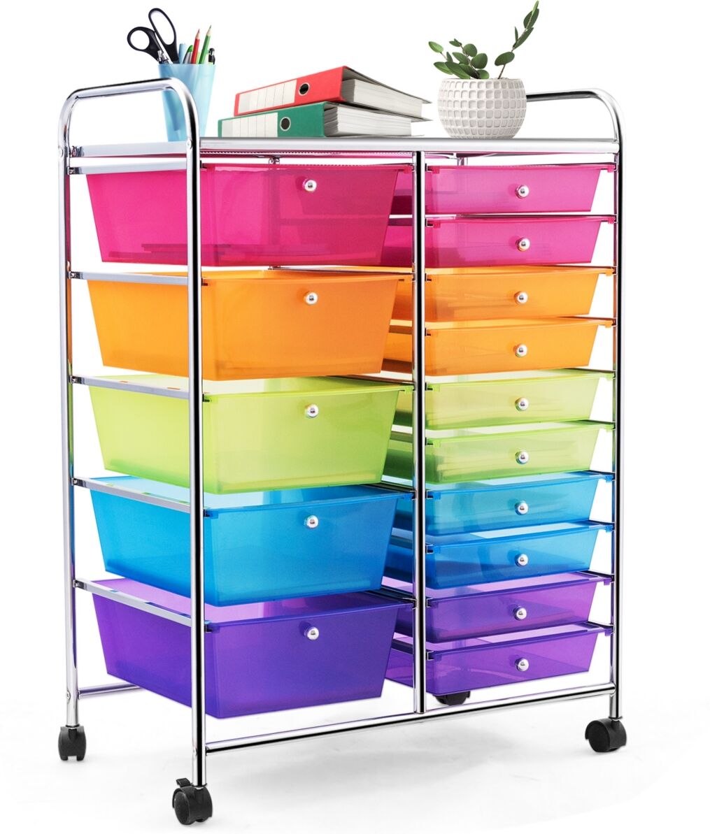 Costway 15 Drawer Rolling Storage Cart Tools Scrapbook Paper Office School Organizer - Silver