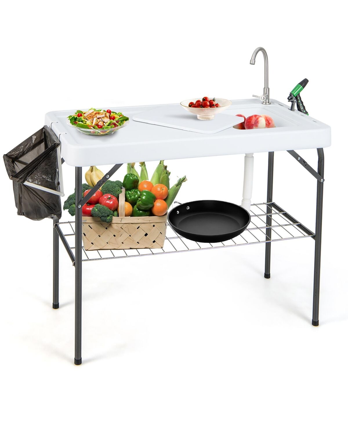 Costway Folding Fish Cleaning Table Portable Camping Table with Faucet Hose Grid Rack - White